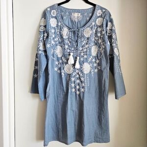 Debbie Katz South Beach Blue Embroidered Swim Cover-Up Mini Dress Caftan Small